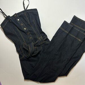 Bisou Bisou Vintage Dark Wash Denim Jumpsuit with Button Front | Size Large